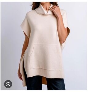 Kerisma Cream Angora Blend Cowl Neck Pocket Cape Poncho Sweater M/L